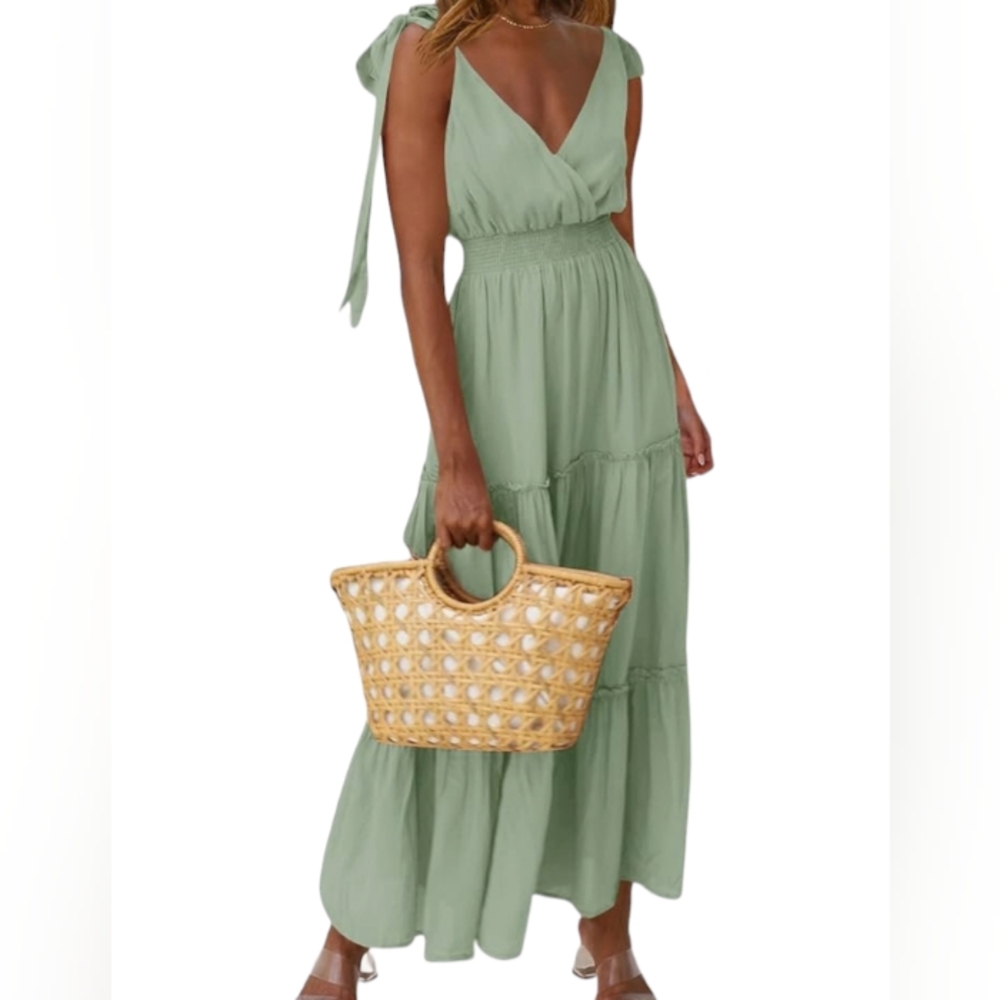 NEW Prettygarden Tiered Surplice Tie Shoulder Maxi Dress Med Green NWT Cottage